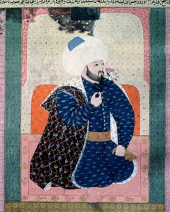 Portret sułtana Imperium Osmańskiego Meheta II (Mehmeta II Zdobywcy lub Mehmeda II Fatiha) (1430-1481) Miniatura z rękopisu (Ms. 1973, folio 62a) „Zubdatat-al Tawarikh” (Zubdat al-Tawarikh) ( Creme of Stories) historyka Seyyida Loqmana As autorstwa Ottoman School