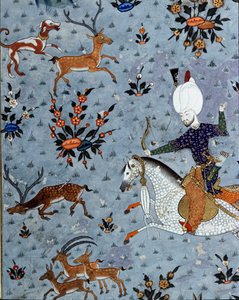 Reprezentacja dworzan sułtana Murada II (Murata) (1404-1451) polującego na jelenie Detal. Miniatura z XVII wieku. Stambuł, Biblioteka Muzeum Topkapi Sarayi autorstwa Ottoman School