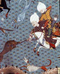 Reprezentacja dworzan sułtana Murada II (Murata) (1404-1451) polujących na Jelonek. Miniatura z XVII wieku. Stambuł, Biblioteka Muzeum Topkapi Sarayi autorstwa Ottoman School