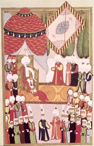 Koronacja sułtana Selima I (1466-1520) z „Hunername” Lokmana (gwasz na papierze) autorstwa Ottoman School