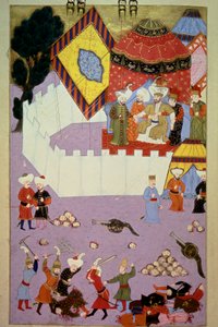 Zabójstwo sułtana Murada I (1326-1389) przez serbskiego rycerza Milosa Obilica (Kobilicia lub Kobilovicia) (zm. 1389) w bitwie o Kosowo po zwycięstwie Turków nad serbską miniaturą z Lokmana „Hunername”, tom. 1 (H 1523, f.7) 1584 Do