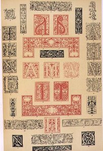Okazy zdobień typograficznych z XVI w. Włoch i Francji, wydane przez Aldine, Giunta i Stephan, rozdział XIX, płyta XC, z „Gramatyki ornamentu” 1868 (kolor litho) autorstwa Owen Jones