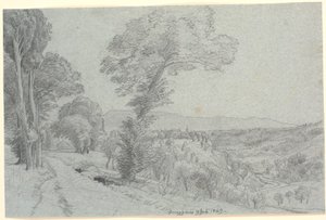 Włoski krajobraz górski z widokiem na "Genazzano 9 Juli 1869.". autorstwa P.C. Skovgaard