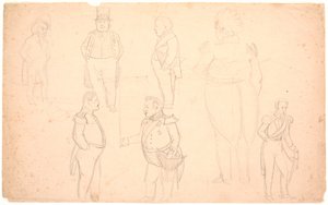 Karykatura m.in. JAK. Ørsted, Fryderyk VII, Christian VIII i prawdopodobnie Fryderyk VI. autorstwa P.C. Skovgaard
