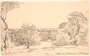 Krajobraz z drzewami i szeroki widok z Ambjergene w kierunku Vordingborg. autorstwa P.C. Skovgaard