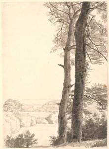 Krajobraz przy Skarritsø z dwoma wysokimi drzewami, bukami, na pierwszym planie. autorstwa P.C. Skovgaard