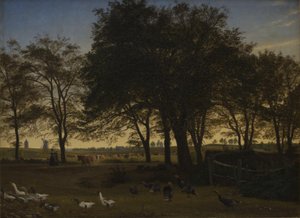 Impreza w Iselingen. W tle kościół Vordingborg i wieża Goose. Wrześniowy wieczór autorstwa P.C. Skovgaard