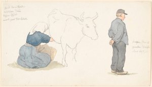 Czasopismo Study z dziewczyną dojącą krowę, c.h. stojący rolnik. autorstwa P.C. Skovgaard