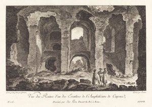 Widok na ruiny z jednego ze schodów amfiteatru Capua autorstwa P.F. Germain after Louis Jean Desprez