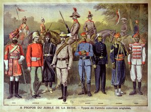 Angielskie armie kolonialne w swoich mundurach z okazji Jubileuszu Królowej Wiktorii, 21 czerwca 1883, ilustracja z „Le Petit Journal”, 1899