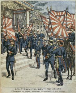 Jego Cesarska Mość Mutsuhito, Cesarz Japonii, wręcza flagi swoim wojskom, ilustracja z „Le Petit Journal: Supplement illustre”, 6 marca 1904