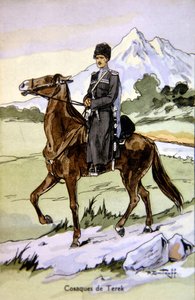 Pocztówka przedstawiająca kozaka tereckiego, ok. 1914 r. (litografia barwna) autorstwa P. (after) Dmitroff