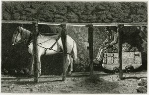 Wnętrze galerii z berlaine. Grawer autorstwa Ferata, aby zilustrować historię „Belgia” autorstwa Camille Lemonnier (1844-1913) belgijskiego pisarza. Opublikowano w Le Tour du monde, nouveau journal des voyages, 2. semestr 1884, pod redakcją Edouarda Charto autorstwa P. Ferat