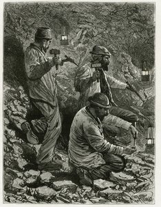 Górnicy wydobywający węgiel do żyły. Grawer autorstwa Ferata, aby zilustrować historię „Belgia” autorstwa Camille Lemonnier (1844-1913) belgijskiego pisarza. Opublikowano w Le Tour du monde, nouveau journal des voyages, 2. semestr 1884, pod redakcją Edouar autorstwa P. Ferat