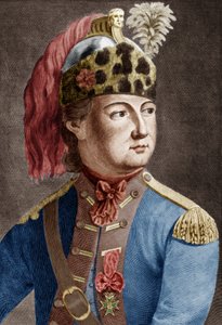 Rycerz Eon (1728-1810), francuski tajny agent króla, przebierał się, grawerował kolorowy dokument autorstwa P. Jean Baptiste Bradel