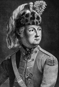 Rycerz Eonu (1728-1810), francuski tajny agent króla, ubierał się na krzyż, grawerował autorstwa P. Jean Baptiste Bradel