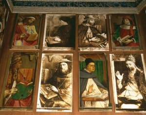 Studium Federigo da Montefeltro, księcia Urbino, zgodnie z ruchem wskazówek zegara od TL: Euklides z Megary, grecki filozof (450-374 pne); Vittorino da Feltre, włoski pedagog (1378-1446); Solon, ateński ustawodawca autorstwa P. Joos van Gent and Berruguete