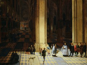 Wnętrze katedry w Antwerpii nocą, połowa XVII wieku (olej na panelu) autorstwa P. the Elder & P. the Younger (1620 75) Neeffs