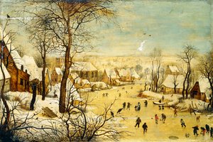 Wioska zimą z pułapką na ptaki i łyżwiarzami na zamarzniętym szlaku wodnym, autorstwa P. the Younger Brueghel
