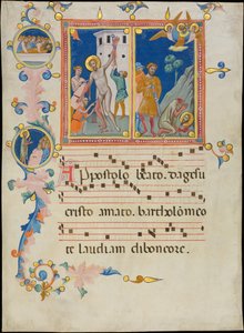 Karta rękopisu z męczeńską śmiercią św. Bartłomieja, z Laudario, ca. 1340.