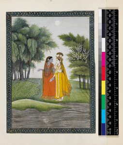 Krishna i Radha chodzą obok Dżumny w świetle księżyca po wymianie ubrań, z „Bhagavata Purana”, Kangra, Himachal Pradesh, ok. 1820