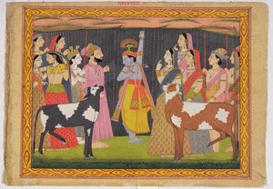 Kryszna podnoszący górę Govardhana z Bhagavata Purany, Kulu, Himachal Pradesh, 1749