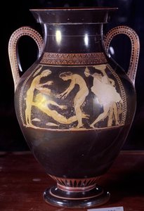 Ceramiczna amfora na poddaszu z białymi figurami przedstawiającymi scenę kąpieli kobiety. Przypisywany jest Andokidesowi (VI wiek p.n.e.). Z Etrurii. 525-520 pne. Ciemny. 0,4x0,25m. Paryż, Luwr autorstwa Painter Andokides