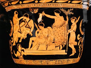 Czerwony krater dzwonowy z Apulii: Apollo oczyszcza Orestesa krwią prosięcia ... autorstwa Painter Eumenides