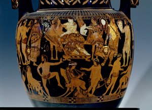 Czerwonofigurowy krater wolutowy na poddaszu, fragment sceny przedstawiający aktorów i muzyków przygotowujących się do występu przed Bachusem i Ariadną, Grek, z Ruvo, V w. p.n.e. (ceramika) (zob. też 119444-5 autorstwa Painter Pronomos