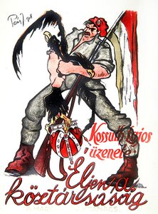 Węgierski rewolucjonista dusi dwugłowego orła austro-węgierskiego i ogłasza proklamację Kossutha „Niech żyje republika”, plakat Komuny Budapeszt autorstwa Paizs Goebel Jeno