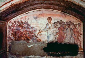 Sztuka paleochretańska (okres starożytnego Rzymu): Przejście przez Morze Czerwone. Fresk z katakumb Via Latina w Rzymie. IV wiek. - Sztuka paleochrześcijańska (okres starożytnego Rzymu): przekroczenie Morza Czerwonego. Fresk z katakumb Via Latina. IV wiek