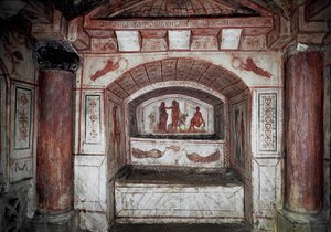 Sztuka paleochretańska: „”Herkules (Alcide) sprowadzający Alceste z zaświatów zwraca ją mężowi Admete”” Fresk z IV wieku po JC. Rzym, Katakumby Via Latina - Sztuka wczesnochrześcijańska. Herkules sprowadza Alkestis z Hadesu do męża