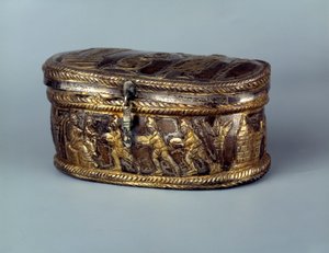 Sztuka paleochrześcijańska: srebrne pudełko na relikwiarz znane jako Capsella de Brivio: Pokłon Trzech Króli. V wiek naszej ery. Paryż, Luwr autorstwa Paleo Christian