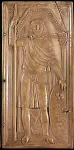 Stilikon w ramionach, generał, patrycjusz i konsul Cesarstwa Zachodniorzymskiego. Prawy panel dyptyka Stylichona (rzeźba na kości słoniowej, ok. 395) autorstwa Paleo Christian