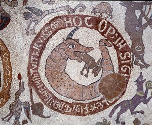 Przedstawienie Lewiatana w postaci krokodyla uosabiającego Szatana trzymającego w ustach zająca przedstawiającego człowieka. Mozaika Pantaleone, kapłana i mozaiki. 1163-1166. Nawa główna katedry w Otranto (Otranto), Włochy ©Luisa Ricci autorstwa Pantaleon Pantaleon