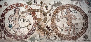 Kuszenie Adama i Ewy Mozaika Pantaleone, kapłana i mozaiki. 1163-1166. Nawa główna katedry w Otranto (Otranto), Włochy autorstwa Pantaleon Pantaleon