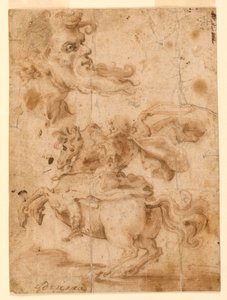 Rysunek Głowa brodatego mężczyzny, mężczyzna na koniu, ok. 1650 r. autorstwa Paolo Emilio Besenzi