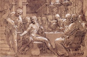 Wieczerza św. Grzegorza, rysunek Paolo Farinatiego (1524-1606), szaro-brązowa akwarela, pióro, biały ołów i czarny ołówek, Włochy
