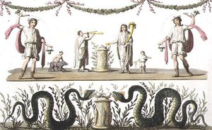 Freski z lararium prywatnego domu w Pompejach, z „Le Costume Ancien et Moderne” Julesa Ferrario, wydane ok. 1820-30 (kolor lito)