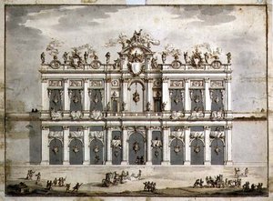 Projekt elewacji prawdopodobnie na „Festa della Chinea” z 1766 r. (pióro i brązowy tusz oraz pranie w papierze) autorstwa Paolo Posi
