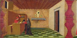 Predella profanacji hostii: chrześcijanka zmuszona przez żydowskiego lombarda do odkupienia płaszcza za cenę konsekrowanej hostii, ok. 1467-69 (tempera na desce) (fragment) autorstwa Paolo Uccello