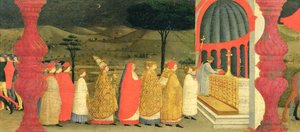 Predella profanacji hostii: Papież przywracający konsekrowaną hostię do ołtarza, ok. 1468 (tempera na płycie) (detal) autorstwa Paolo Uccello