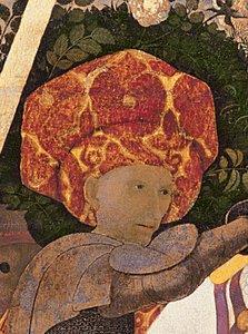 Bitwa pod San Romano, detal głowy Niccolo da Tolentino zm.1435 przywódca najemników florenckich, ok.1450-60 tempera na elemencie panelu z 30690 autorstwa Paolo Uccello