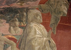 Powódź i osiadanie wód oraz ofiara i pijaństwo Noego, fragment modlącej się postaci, fresk z lunetą autorstwa Paolo Uccello