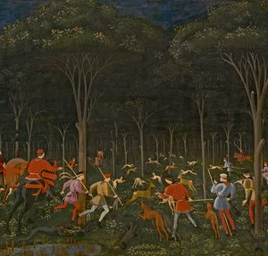 Polowanie w lesie, ok. 1465-70, olej na detalu panelu z 100861