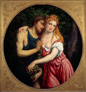 Daphnis i Chloe. Mitologiczne przedstawienie pary. Obraz Paris Bordon lub Bordone (1500-1571)