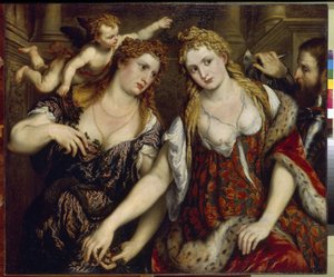 Flora, Wenus, Mars i Kupidyn (Flora, Wenus, Mars i Kupidyn). Obraz Paris Bordone (1500-1571), olej na płótnie, ok. 1550. Sztuka włoska (Wenecja) autorstwa Paris Bordone