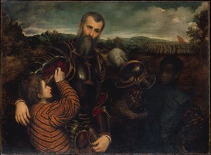 Portret mężczyzny w zbroi z dwiema stronami autorstwa Paris Bordone