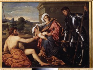 „Madonna z Dzieciątkiem, św. Jan Chrzciciel i św. Jerzy” (Madonna z Dzieciątkiem, św. Jan Chrzciciel i św. Jerzy) Obraz Paris Bordon lub Bordone (1500-1571) ok. 1530 Muzeum Pouchkine, Moskwa autorstwa Paris Bordone