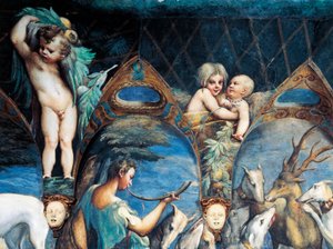 Akteon zaatakowany przez psy, fragment mitu o Dianie i Akteon, ok. 1524, Francesco Mazzola, znany jako Parmigianino (1503-1540), fresk, Pokój Diany i Akteona, Rocca Sanvitale, Fontanellato, k. Parmy, Emilia-Romania, Włochy